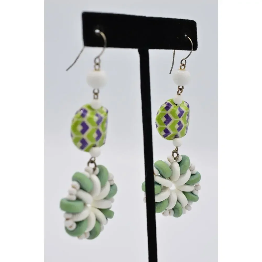 Vintage Statement Earrings Dangle Wooden Beaded Green White Funky 70s 80s 9L